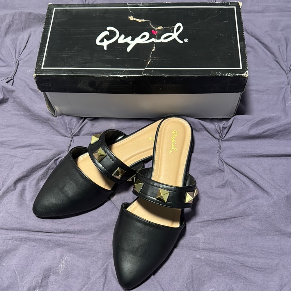 Qupid Black Mules with Gold Accents